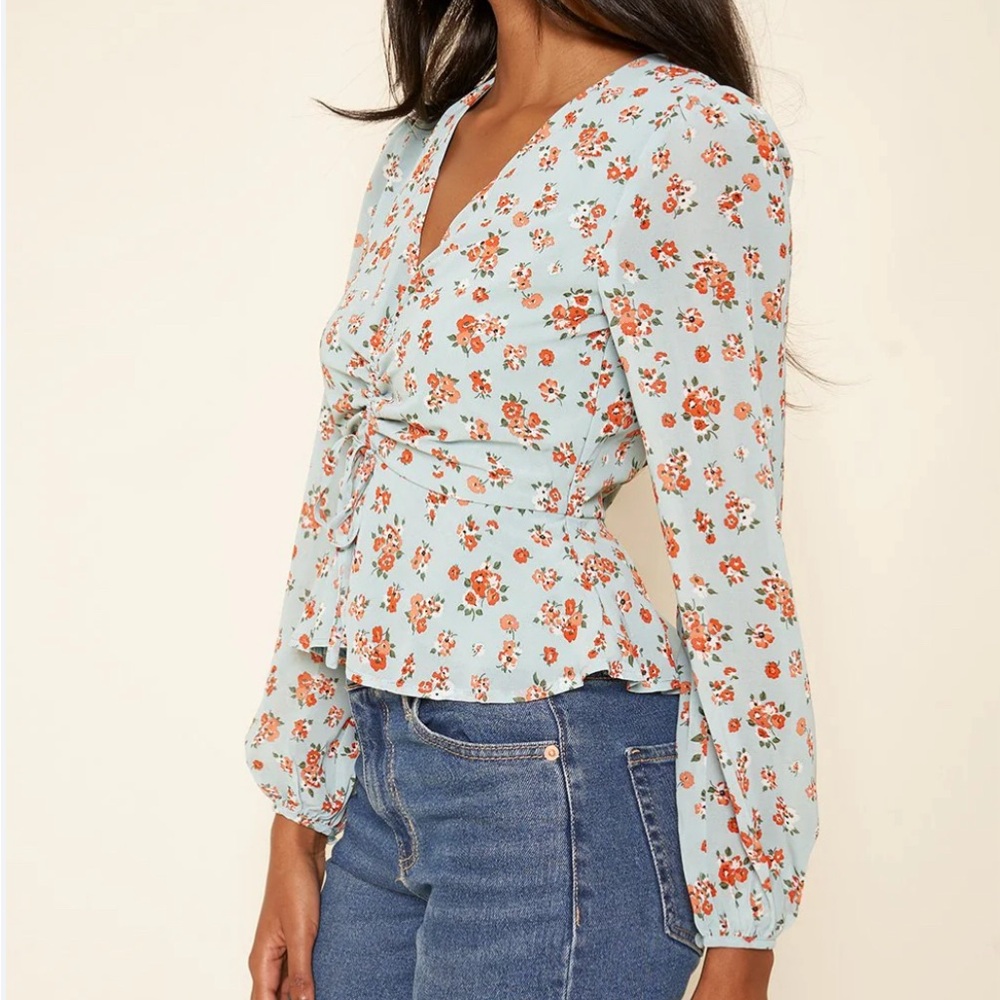 SugarLips Light Blue Shelli Floral Peplum Blouse